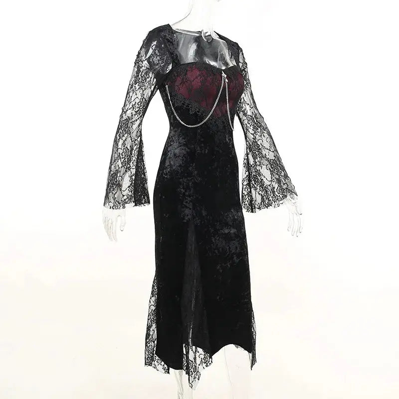 Goth Dark Elegant Mall Gothic Women Evening Dresses Grunge Aesthetic E-girl Velvet Midi Dress Lace Splice Sexy Split Alt Outfits Coven Couture Collective