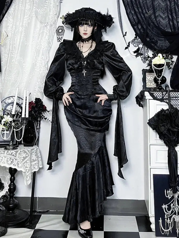 AltGoth Vintage Gothic Black Shirts Women Palace Style Streetwear Y2k E-girl Harajuku V-neck Ruffle Long Sleeve Bluose Cosplay Coven Couture Collective
