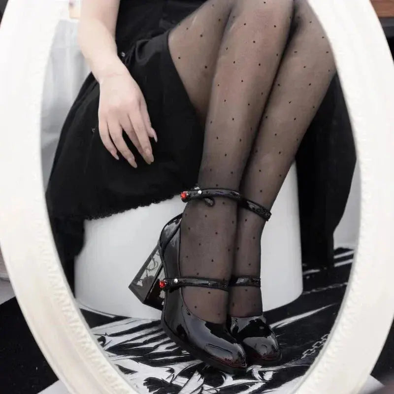 Punk Gothic High Heels Pumps Women 2024 New Rose Heeled Patent Leather Shoes Woman Ankle Straps Black Mary Jane Shoes Coven Couture Collective