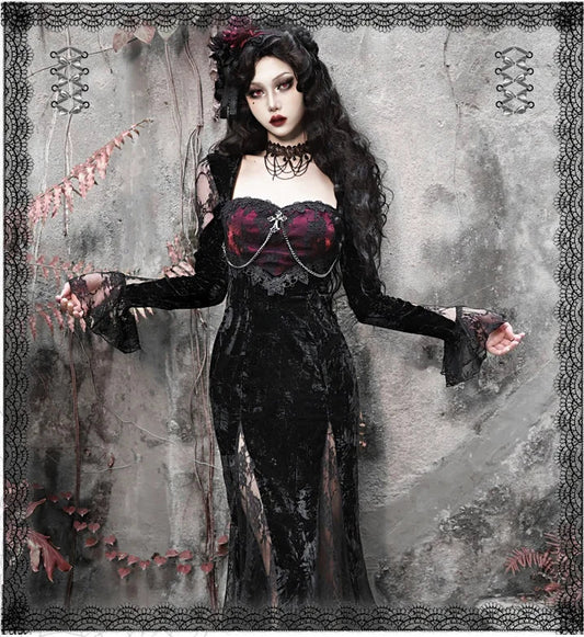 Blood Supply Original Gothic Black Velvet Dress Lace Full Sleeve Square Collar Mesh Red Halloween Slim Velvet Trumpet Dresses Coven Couture Collective