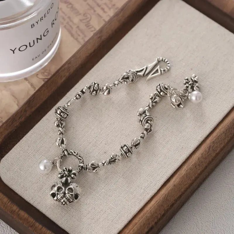 Best Sell Vintage Skull Heads Thai Silver Unisex Punk Rock Charm Bracelet Jewelry For Women Man Halloween Gift Cheap No Fade Coven Couture Collective
