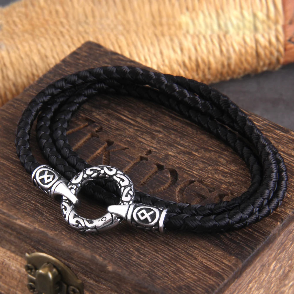 Nordic Viking Rune Pendant Necklace with Open round Clasp Stainless Steel Chain for Men Wood Box Included Coven Couture Collective
