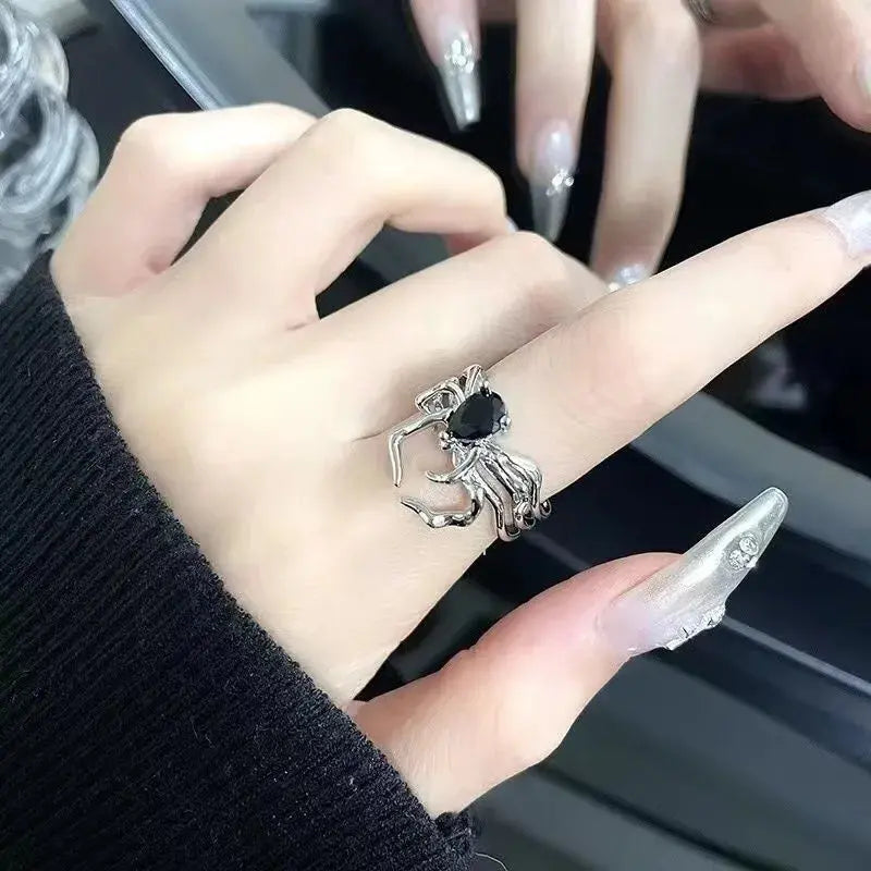 Punk Spider Rings for Women Silver Color Dark Retro Black Gem Spider Ring Hip-Hop Halloween Jewelry Accessories Coven Couture Collective