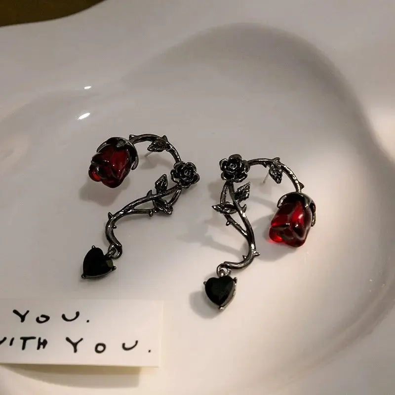 Gothic Red Rose Blossom Earrings Women Punk Halloween Jewellery Creativity Fashion Gorgeous Statement Jewelry Girl Gifts Coven Couture Collective