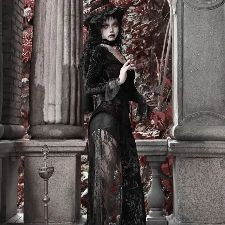 Blood Supply Original Design Vampire Black Red Dress Lace Patch Gothic Velvet Trumpet Long Sleeve X-Long Dress Halloween Coven Couture Collective