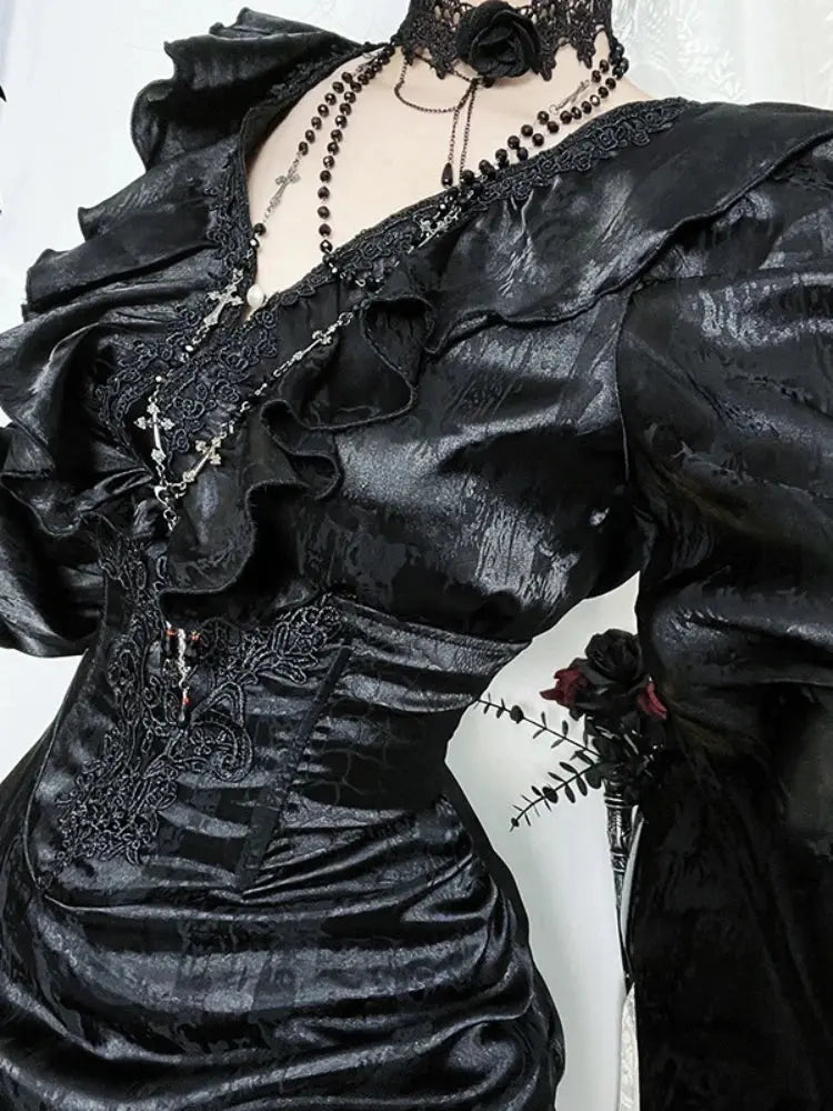 AltGoth Vintage Gothic Black Shirts Women Palace Style Streetwear Y2k E-girl Harajuku V-neck Ruffle Long Sleeve Bluose Cosplay Coven Couture Collective