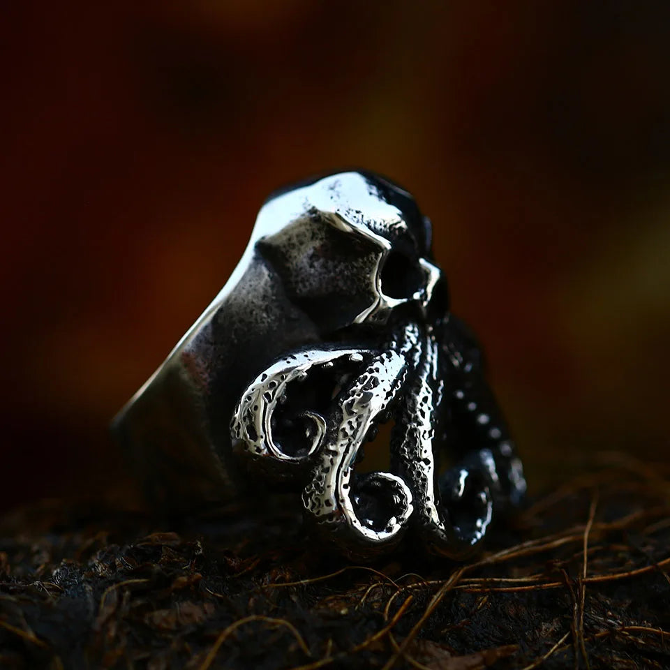 Antique Style Stainless Steel Men's Ring with Skull Octopus Design Gemstone Inlay Retro Punk Gothic Biker Fashion Jewelry Coven Couture Collective