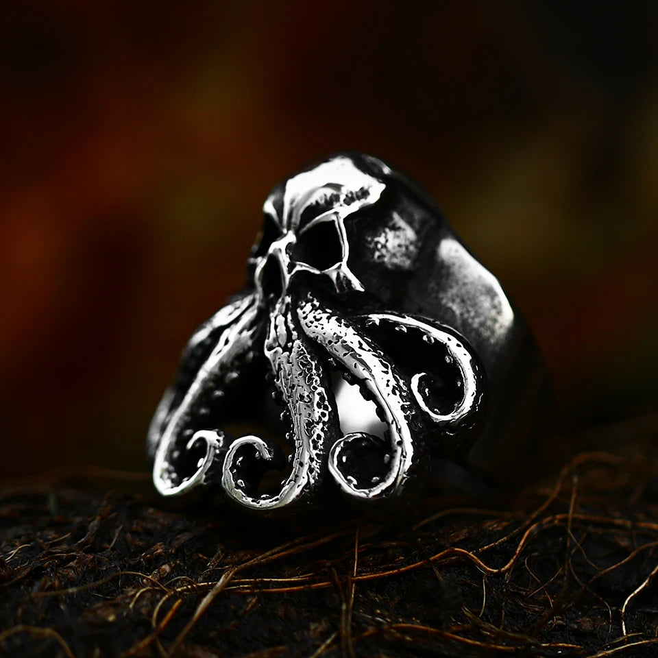 Antique Style Stainless Steel Men's Ring with Skull Octopus Design Gemstone Inlay Retro Punk Gothic Biker Fashion Jewelry Coven Couture Collective