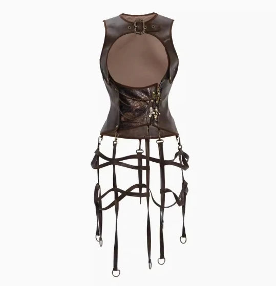 Blood Supply Summer Vintage Hollow Out All Match Brown Faux Leather Tank Birdcage Gothic Punk Lace-up Sleeveless Jacket Top Coven Couture Collective