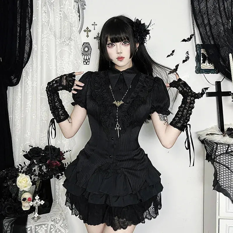 Goth Dark Kawaii Black Short Sleeve Buttons Shirt Lace-up Blouses Mall Gothic Slim Lapel Collar Stripe Shirts Women Alt Techwear Coven Couture Collective