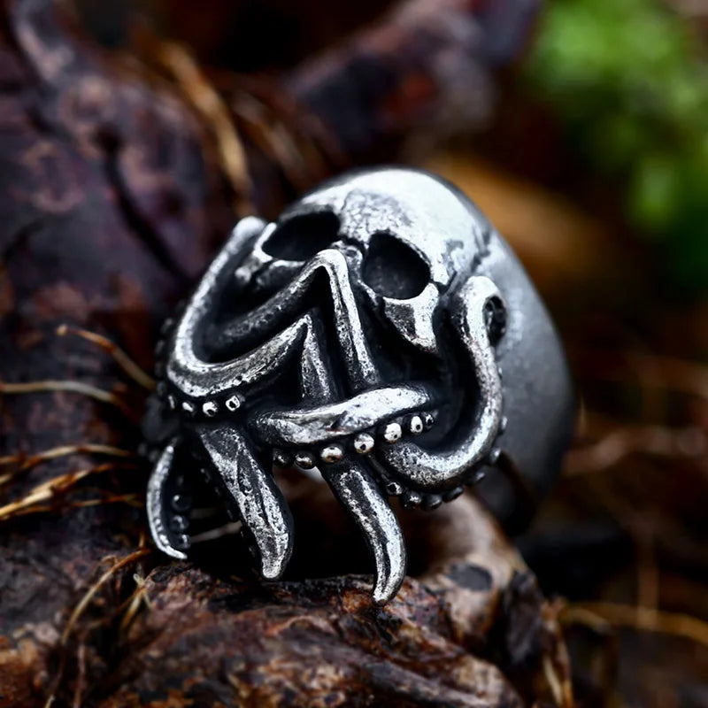 Antique Style Stainless Steel Men's Ring with Skull Octopus Design Gemstone Inlay Retro Punk Gothic Biker Fashion Jewelry Coven Couture Collective