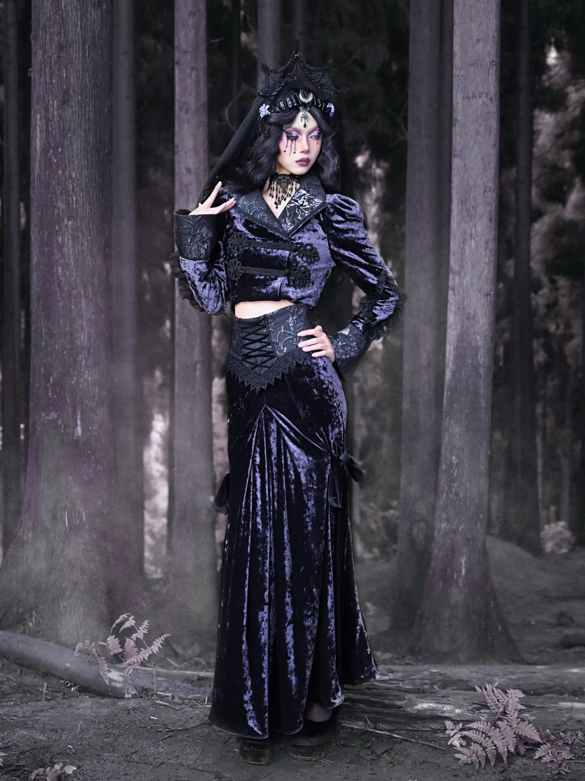 Blood Supply New Purple Velvet Slim-fit Lace-up Fishtail Skirt Gothic Lace Party Halloween Trumpet Long Skirt for Women 2023 Coven Couture Collective